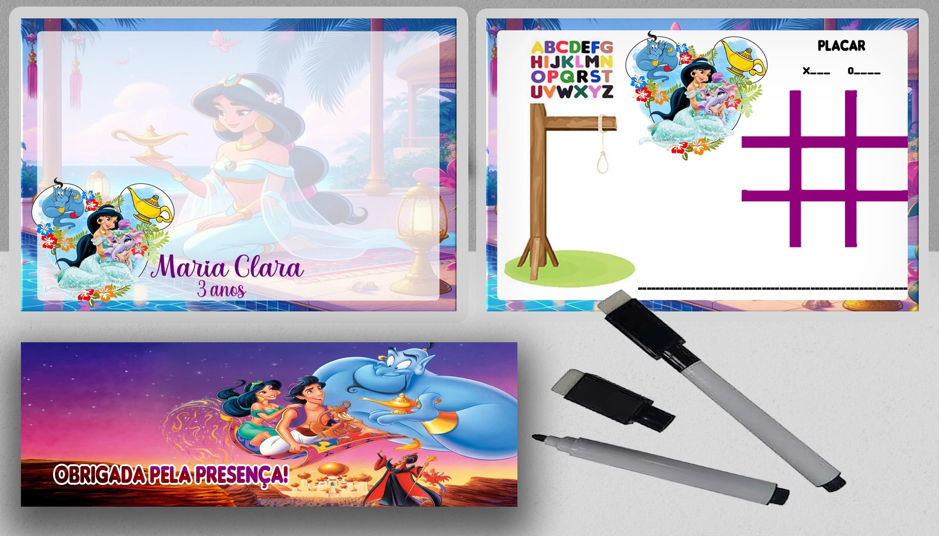 Lousa Magica Infantil Verso com Joguinhos  Personalizada  Lembrancinhas Aladim e Jasmine