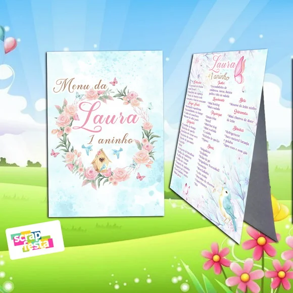 Menu Cardápio Cavalete Festa Jardim Encantado Aquarela