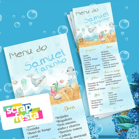 Menu Cardápio Personalizado Festa Fundo do Mar Aquarela