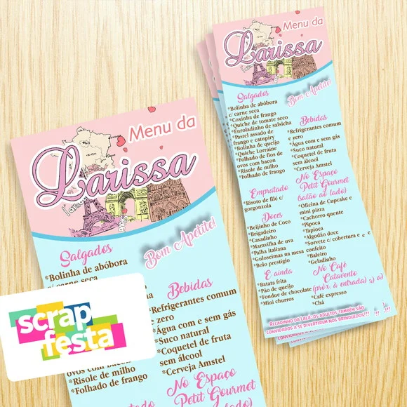 Menu Cardápio Personalizado Festa Paris