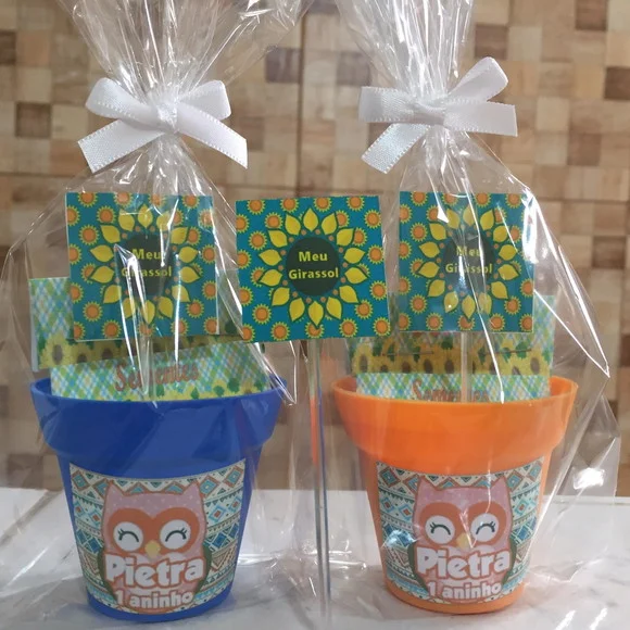 Lembrancinha personalizada com girassol jardinagem plantio Corujinha