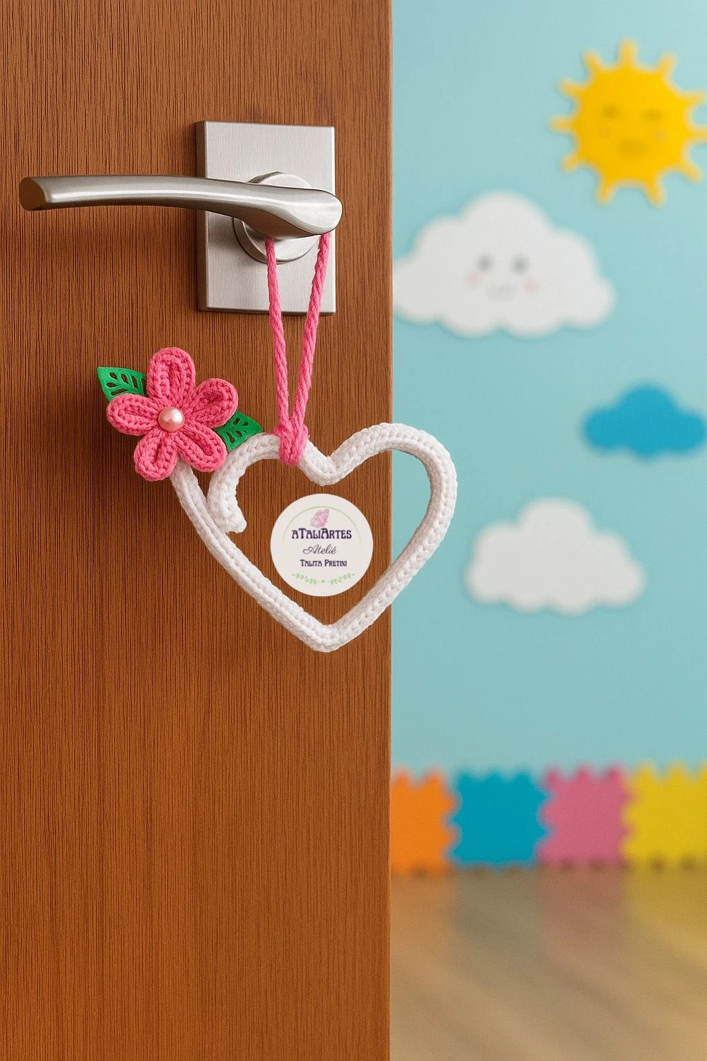 Pingente de Maçaneta em Tricotin Coração com Flor - Decoração maçanete de porta menina