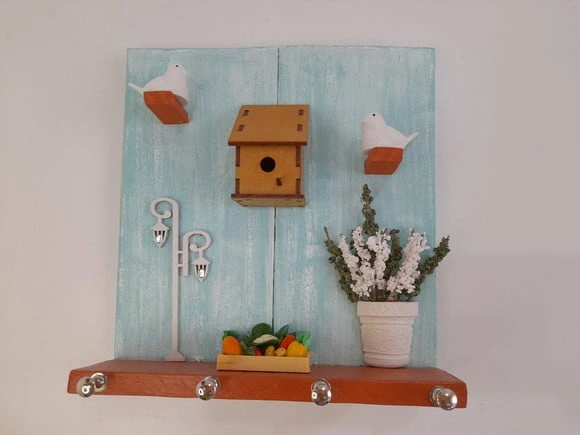 Porta Chave Pátina Verde com Pássaros