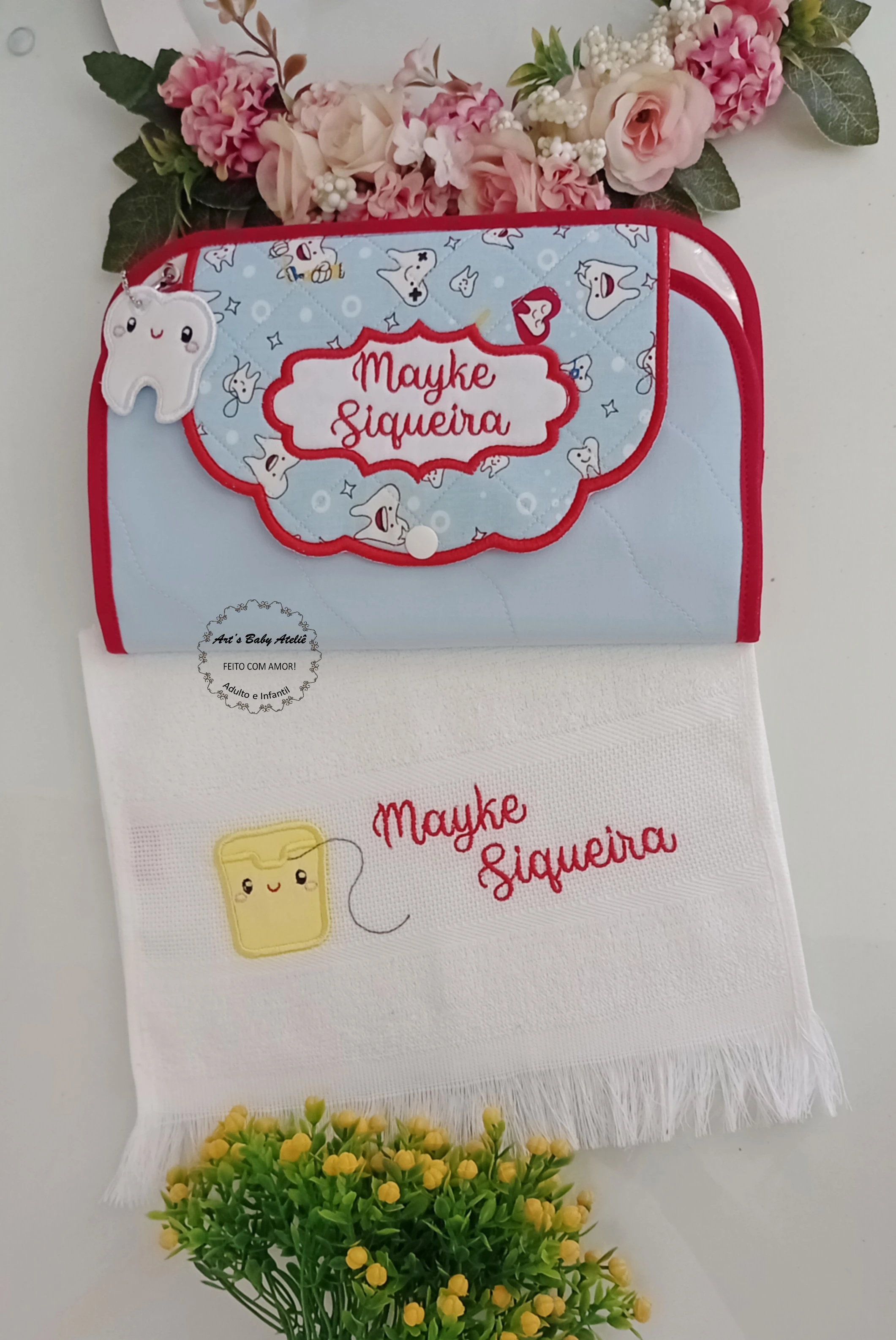 Porta escova Escolar Infantil luxo personalizado com nome bordado, Porta Escova, Pasta de Dente e Toalhinha Impermeável personalizado