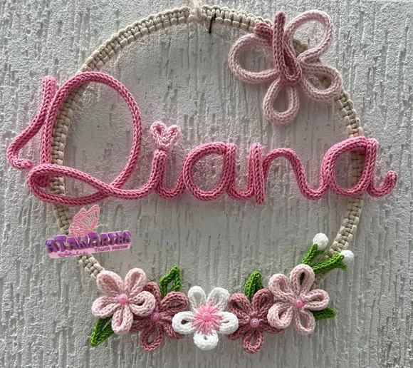 Porta Maternidade Floral boho Macramê com Tricotin Personalizado com 01 nome