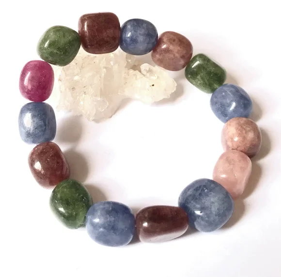 Pulseira Ajustavel com Jades Multi Coloridas Pedras Roladas