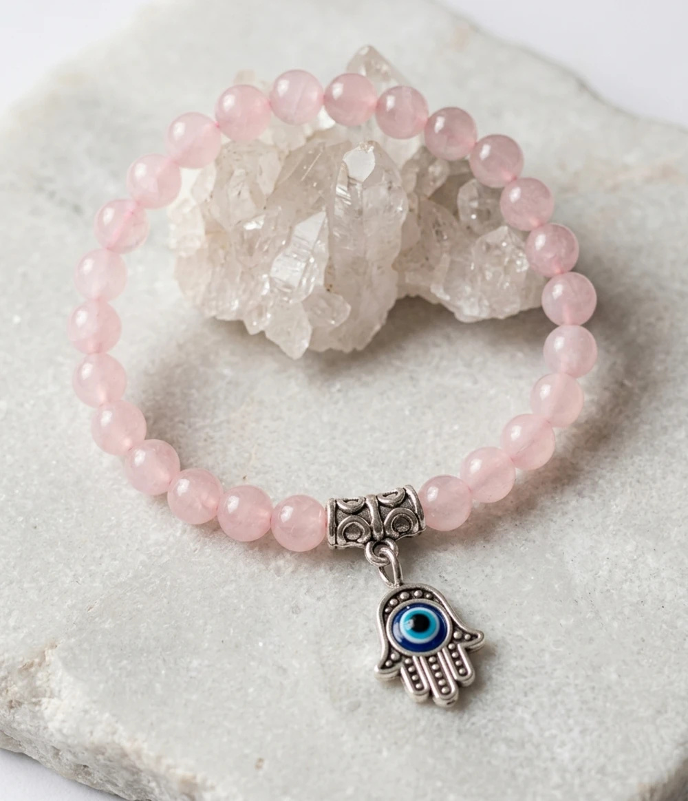 Pulseira Ajustável Quartzo Rosa Mão de Fátima e Olho Grego ( artesanal)