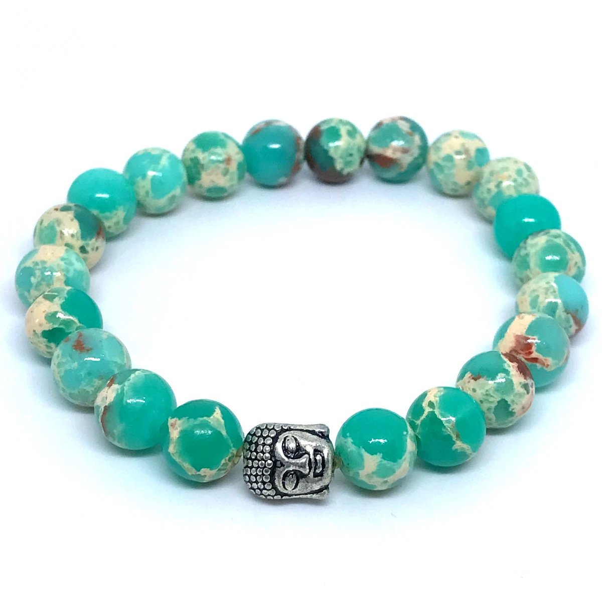 Pulseira em Pedras Jaspe Imperial Verde Agua com entremeio Buda