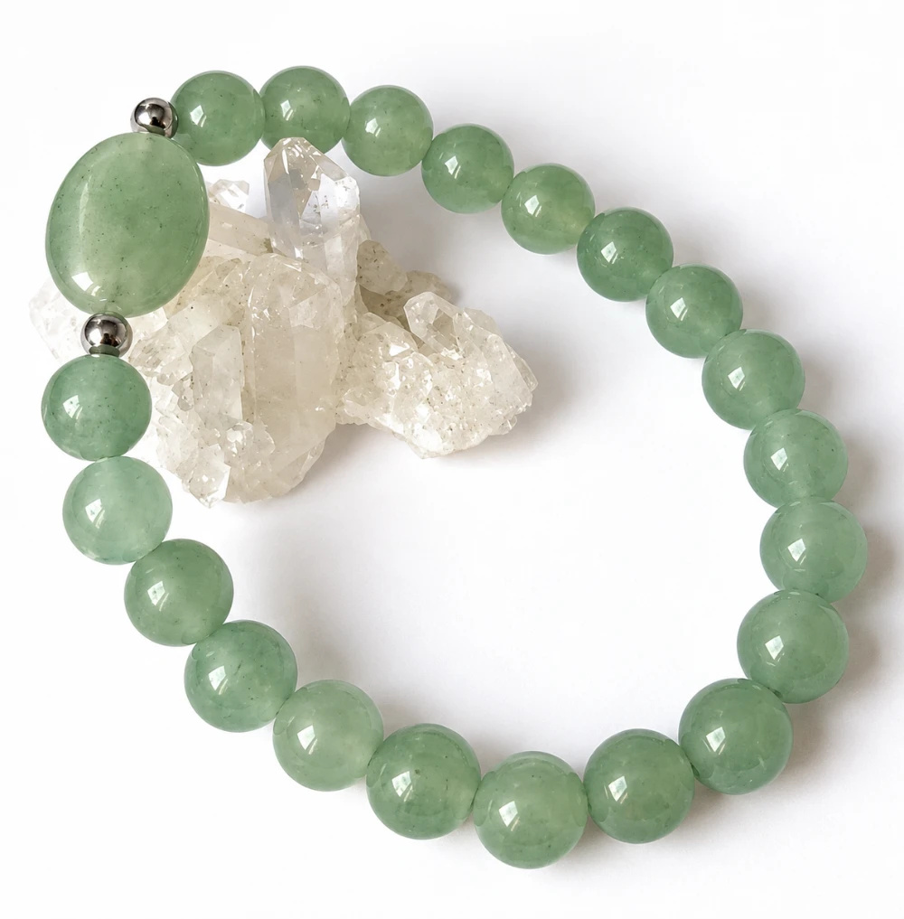Pulseira Japamala 21 Contas Quartzo Verde com Meru (Buda ou Pedra)