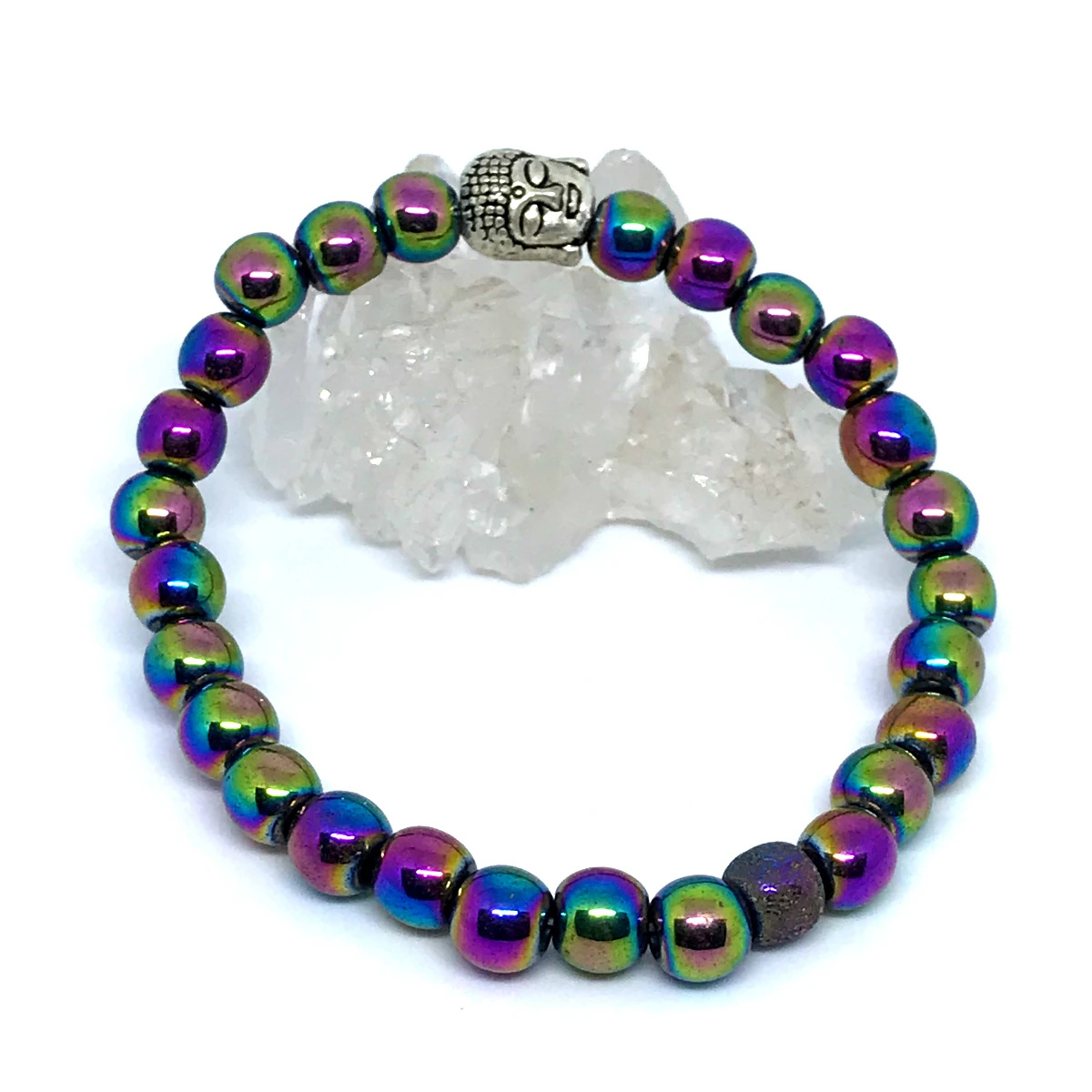 Pulseira Japamala 27 Contas em Hematita Iridisada com Buda - Pedra Natural e Proteção
