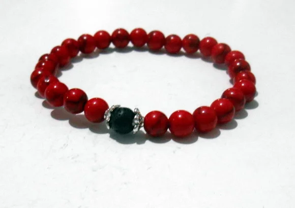Pulseira Japamala 27 Contas Howlita Vermelha Lava Vulcanica