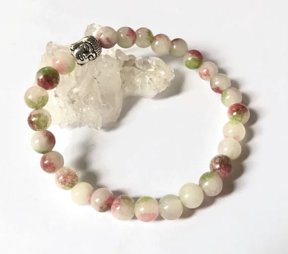 Pulseira Japamala 27 Contas Jade Color e Meru Buda Prateado