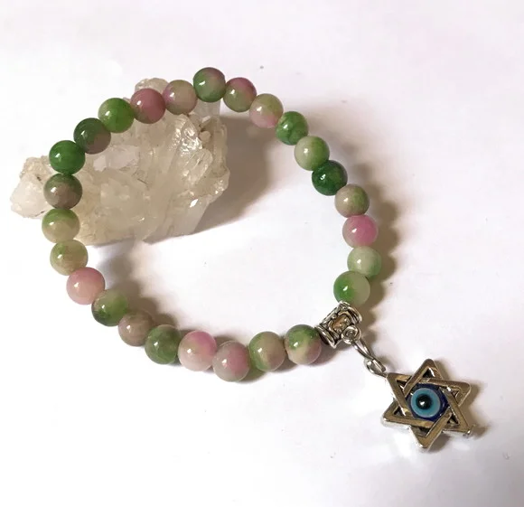 Pulseira Japamala 27 Contas Jade Colorida e Estrela 6 Pontas