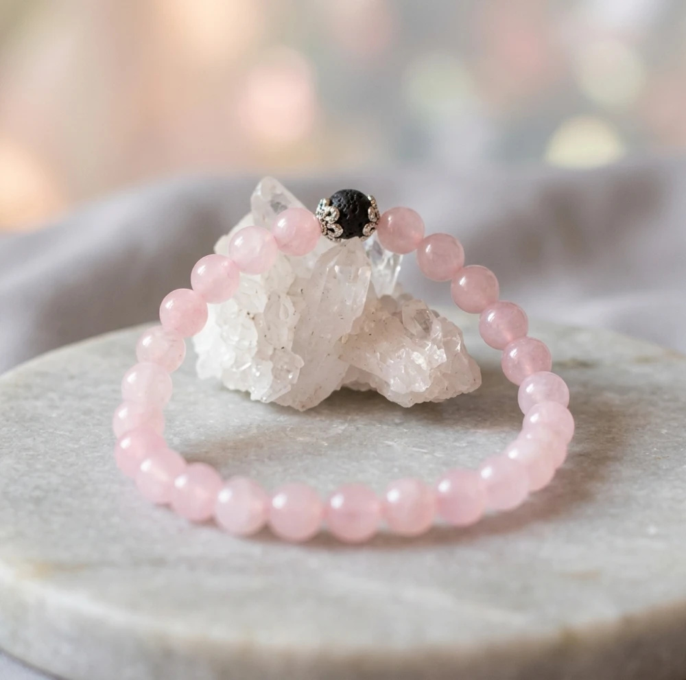 Pulseira Japamala 27 Contas Quartzo Rosa e Lava Vulcânica / Buda (Artesanal)