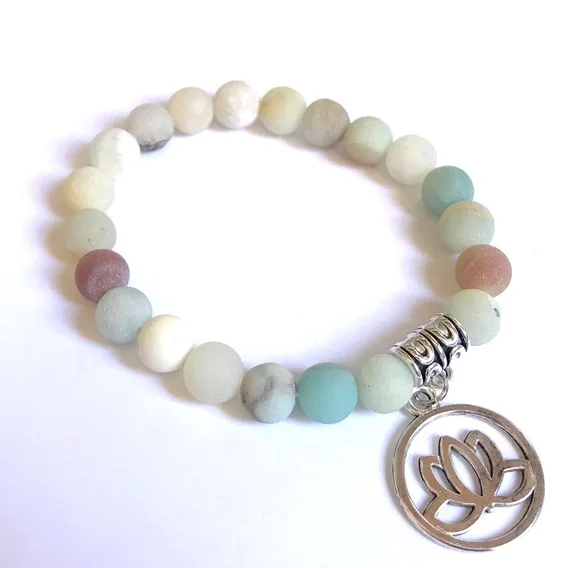 Pulseira Japamala Amazonita Fosca 21 Contas e Flor de Lotus