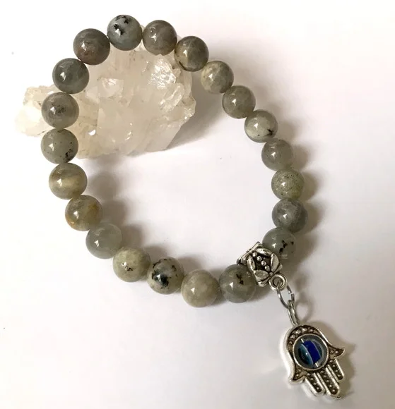 Pulseira Japamala com Labradorita 21 Contas e Mão de Fatima