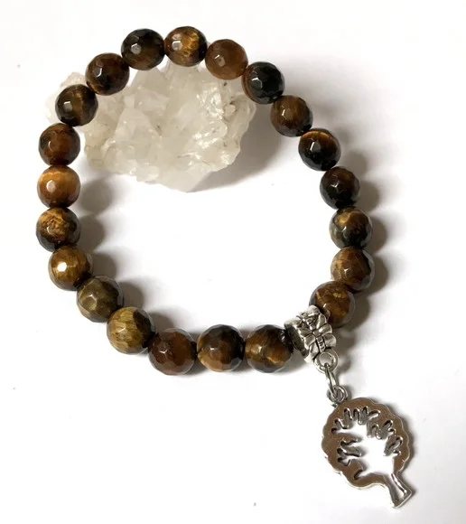 Pulseira Japamala Olho de Tigre Facetada e Arvore da Vida