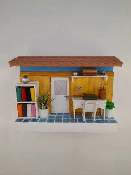 Quadro Cenário em mdf Imitação de Escritório com Miniatura