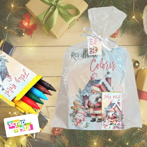 Revista Colorir+embalagem+giz Cera Festa Natal Aquarela