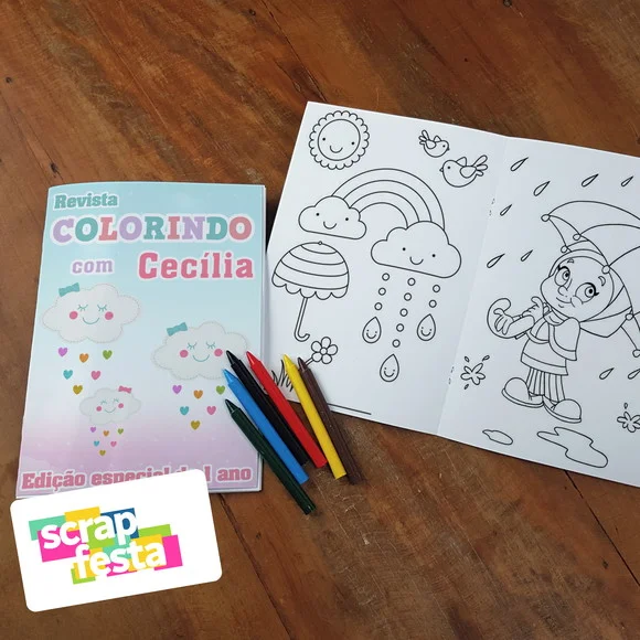 Revista Colorir + Giz de Cera Festa Chuva de Amor