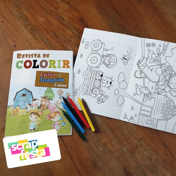 Revista Colorir + Giz de Cera Festa Fazendinha Aquarela