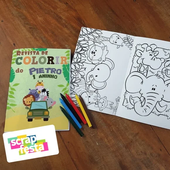 Revista Colorir + Giz de Cera Festa Safari