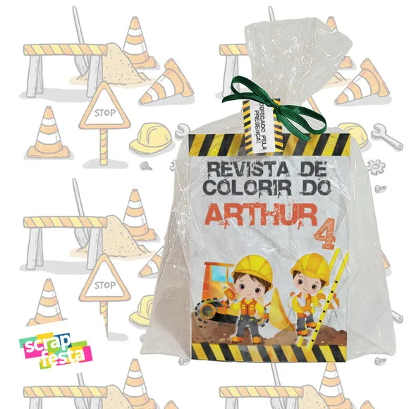 Revista Colorir+saquinho+fitinha+tag Festa Construção