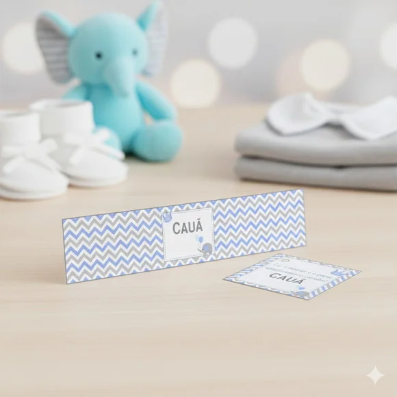 Rótulo Água Personalizado Elefantinho Azul e Cinza com Tag