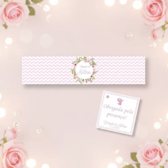 Rótulo Água Personalizado Batizado Rosa com Tag