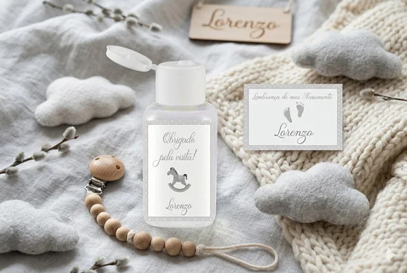 Rótulo Personalizado Álcool Gel Cavalinho Cinza e Tag