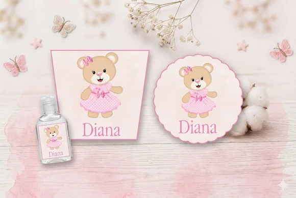 Rótulo Personalizado Álcool Gel Ursinha Rosa e Tag