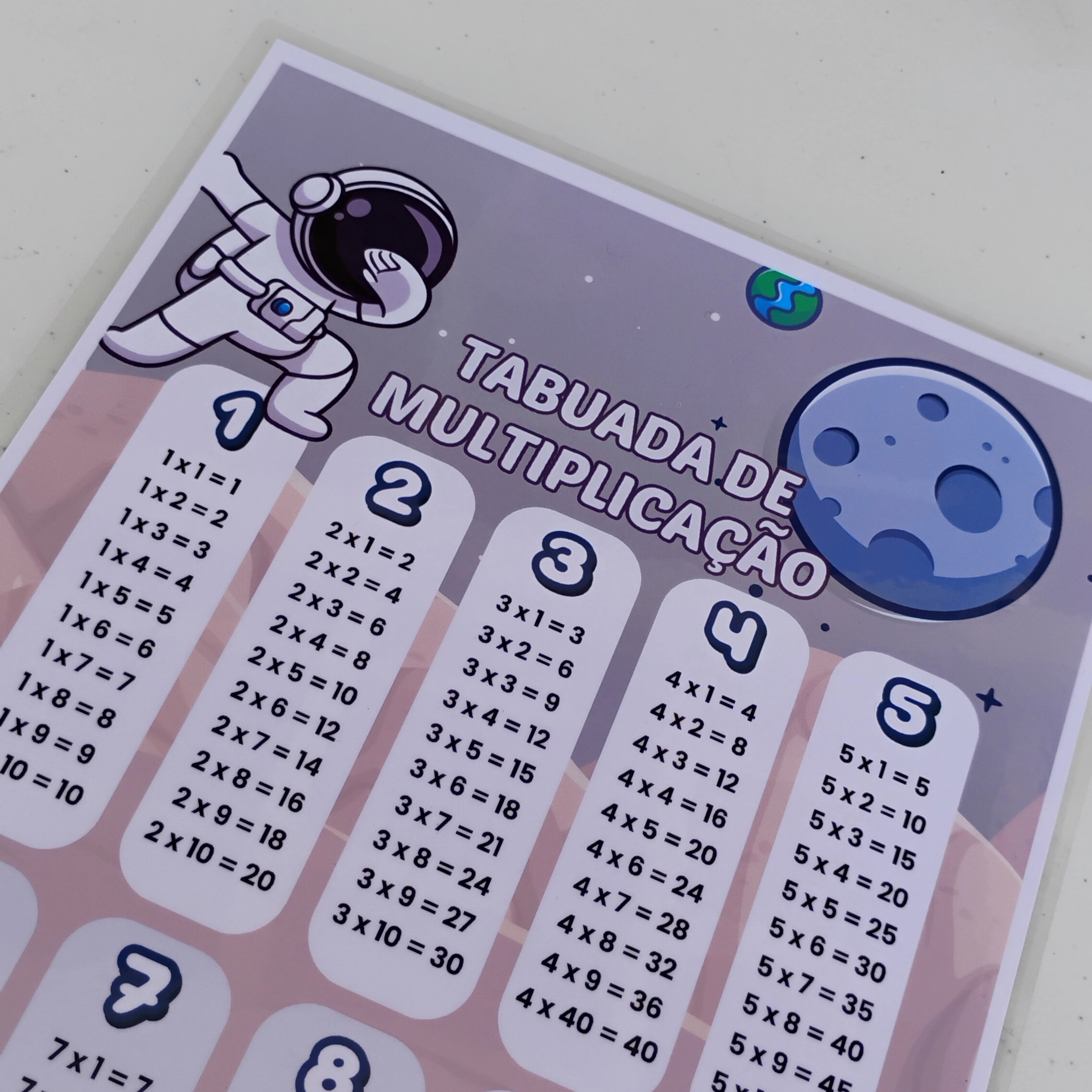 Tabuada A4 Plastificada Astronauta | Multiplicação 1 ao 10 | Recurso Pedagógico