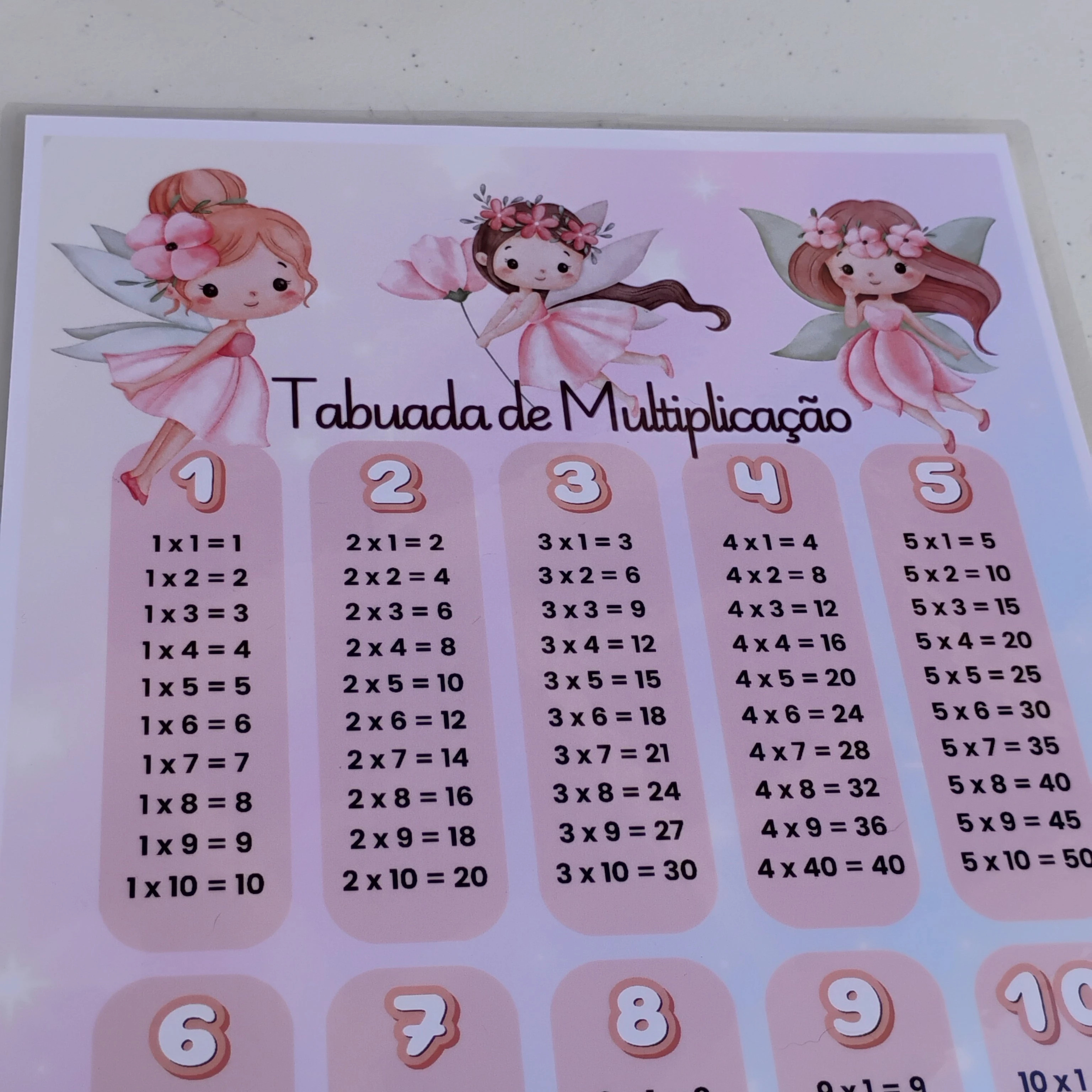 Tabuada A4 Plastificada Fadinhas | Multiplicação 1 ao 10 | Recurso Pedagógico