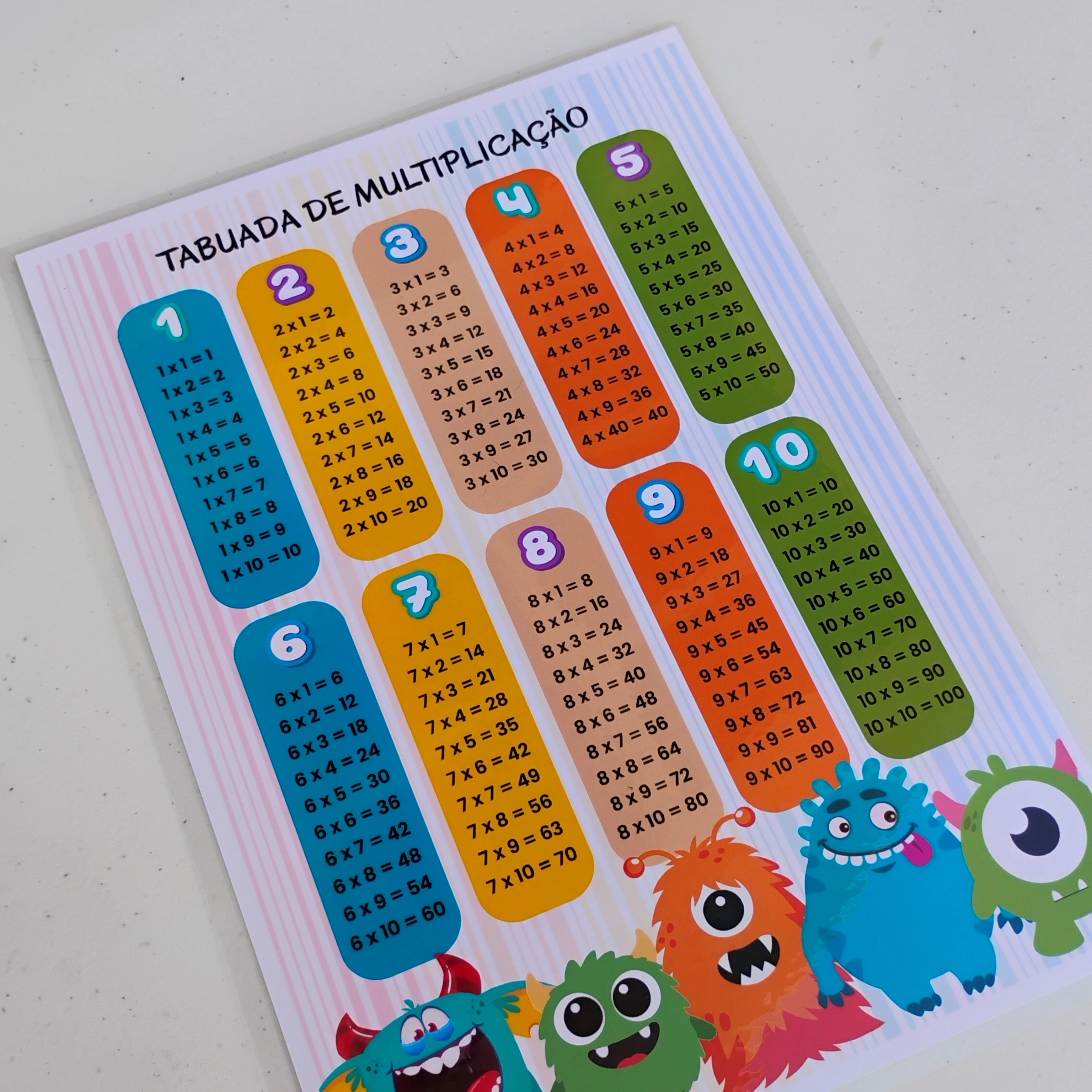 Tabuada A4 Plastificada Monstrinhos | Multiplicação 1 ao 10 | Recurso Pedagógico