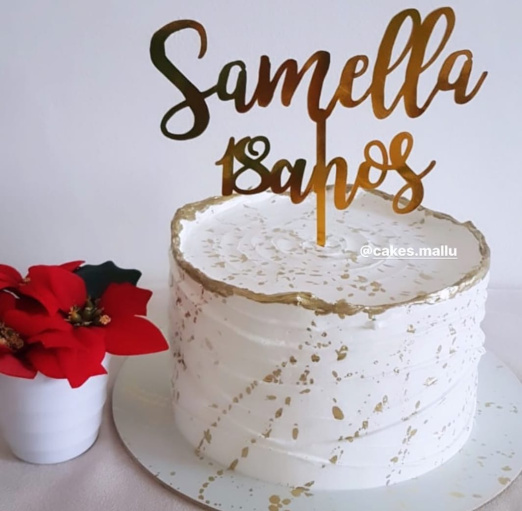 Topo de bolo redondo luxo dourado com 3 flores