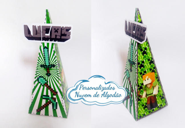 Caixa pirâmide Minecraft Caixa pirâmide Minecraft-Caixa pirâmide Minecraft com aplique.
Fazemos em qualquer tema.
Envie nome e idade para personali