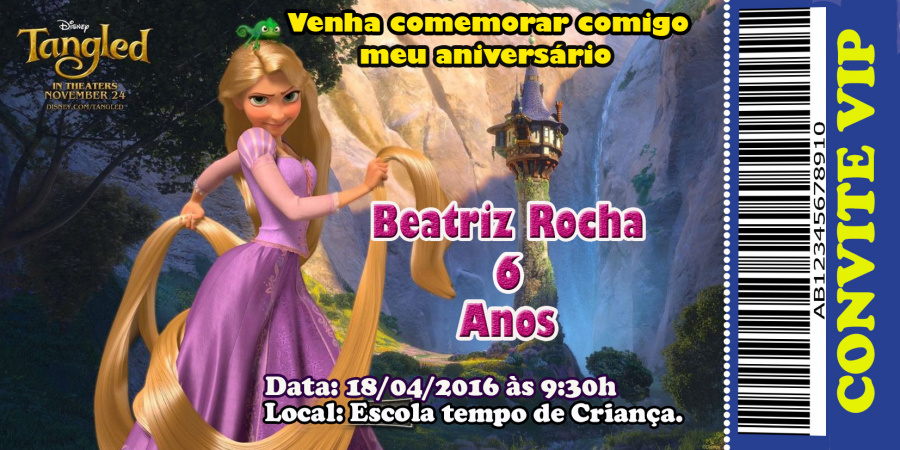 Convite personalizado Rapunzel tamanho  14x6,5-Convite personalizado Rapunzel tamanho  14x6,5
Impresso em papel fotográfico de alto brilho e de 1