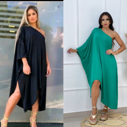 Vestido um ombro só kafta, viscolaycra com fenda na lateral casual gola Vestido um ombro só kafta, viscolaycra com fenda na lateral casual gola