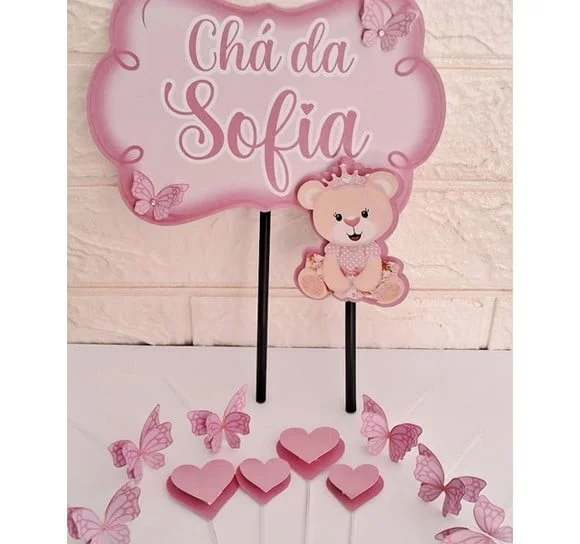 Topo de Bolo Chá de Bebê Menina Chá Fralda Mesversário Festa