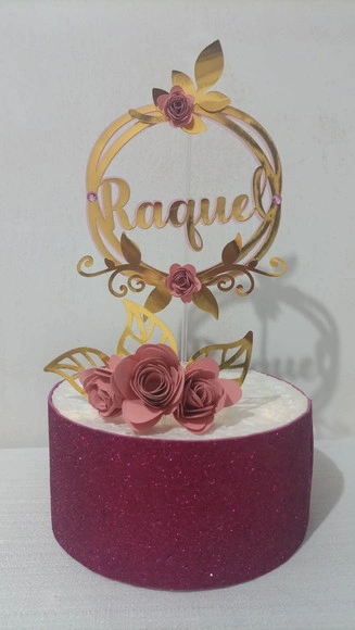 Topo de Bolo Nome com Flores