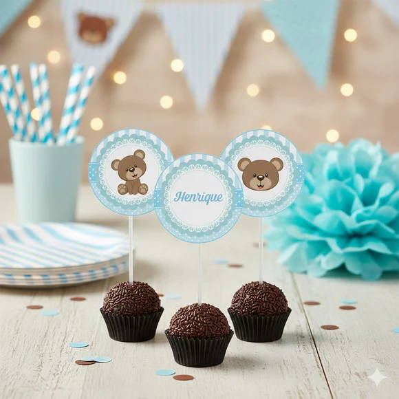 Topper para Docinho Personalizado Ursinho Azul - 30 un