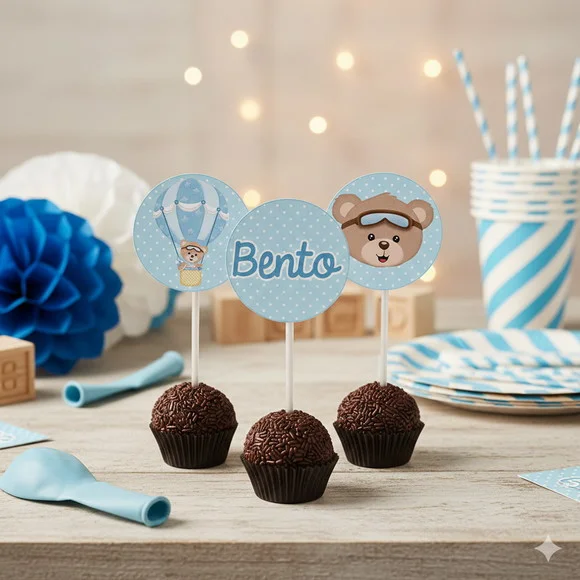 Topper para Docinho Personalizado Ursinho Baloeiro
