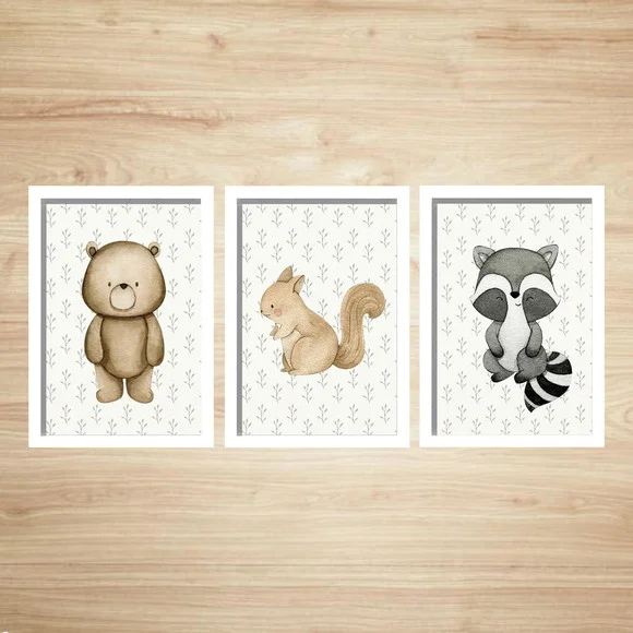 Trio Quadros Animais do Bosque 24x33cm c/ Vidro