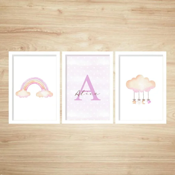 Trio Quadros Arco-íris e Nuvem c/ Vidro 24x33cm