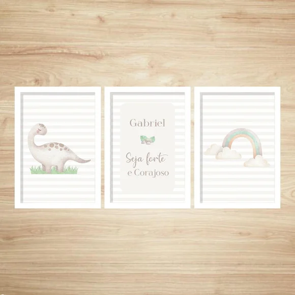 Trio Quadros Dinossauro e Arco-íris c/ Vidro 24x33cm