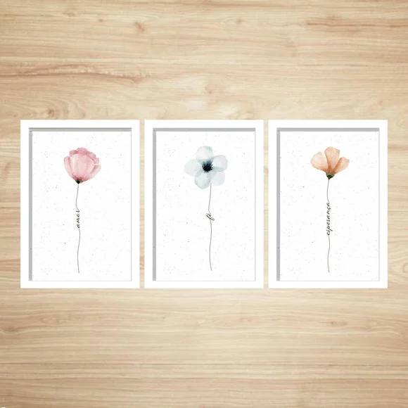 Trio Quadros Flores Amor Fé Esperança 24x33cm c/ Vidro