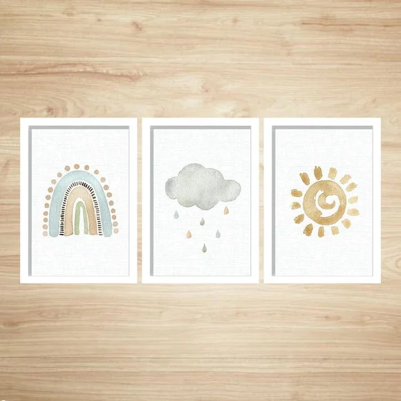 Trio Quadros Sol, Chuva e Arco-íris Menino c/ Vidro 24x33cm