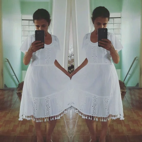 Vestido laise lese branco barra pompom