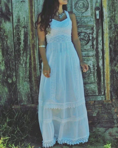 Vestido Longo Algodão Lese Renda Guipir Civil Noivado Festa