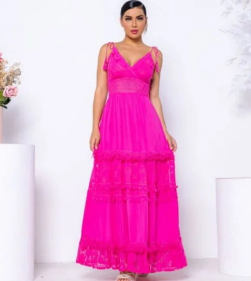 Vestido Longo Pink em Renda Guipir Artesanal Festa Madrinha